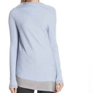 Rag & Bone Reanna Blue Pearl Button Asymmetrical Merino Wool Ribbed Sweater